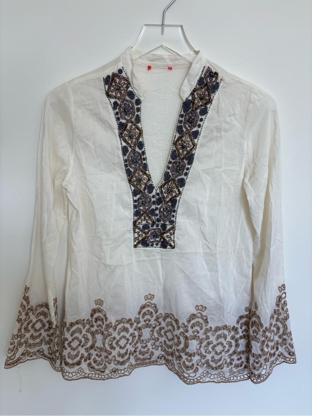 Embroidered V-Neck Cotton Tunic Top - White with Brown & Navy Accents